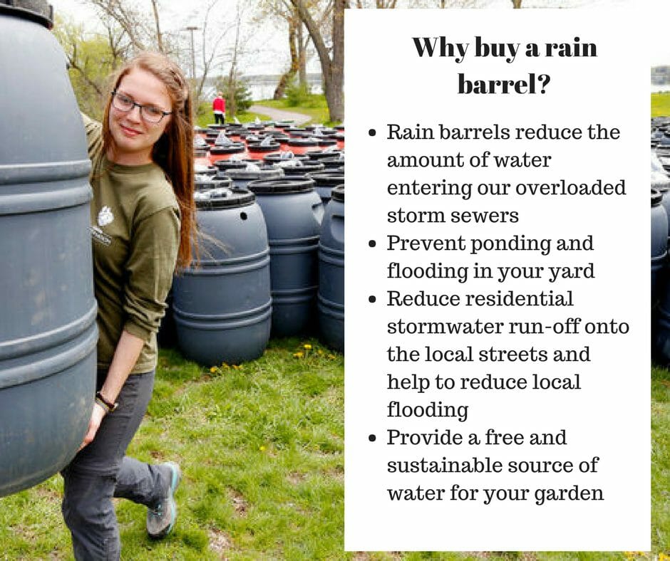 Carbon Footprint Why Buy A Rain Barrel? Image of young woman carrying a rain barrel